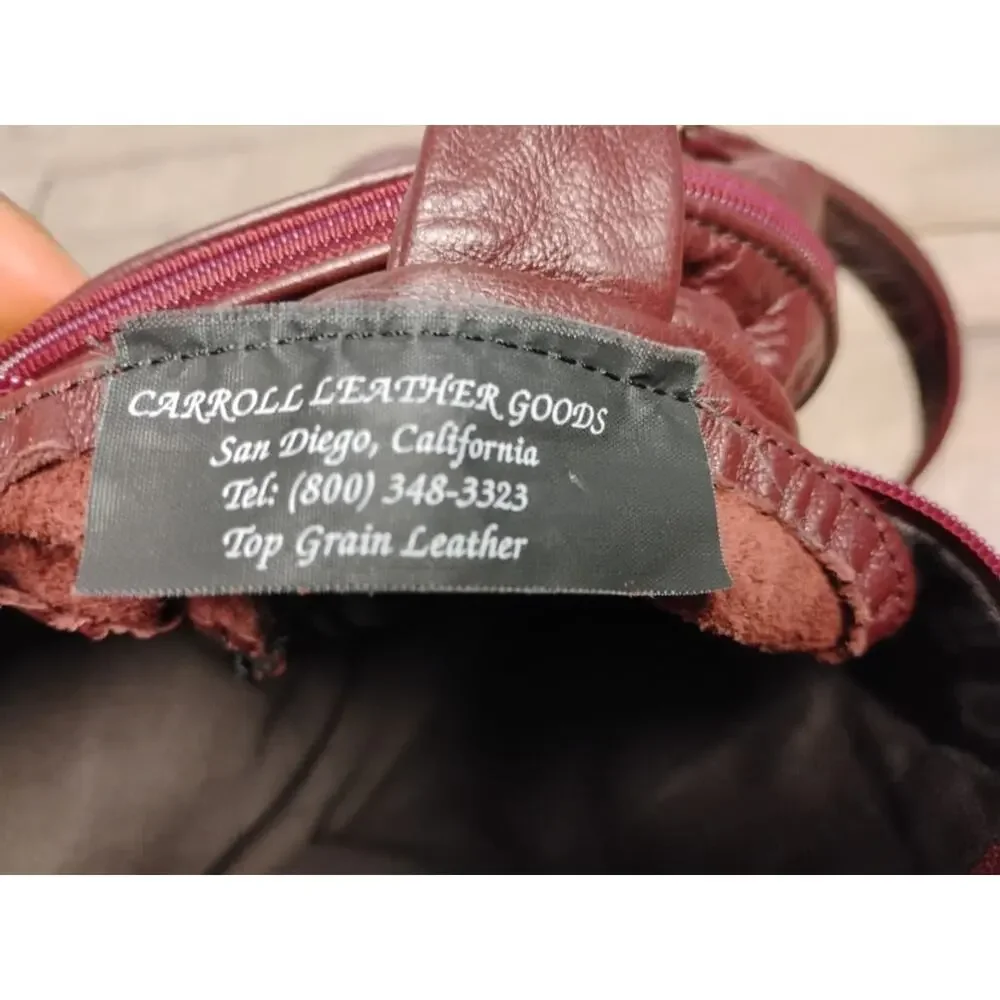 Vtg Carroll Leather Goods Genuine Leather Burgundy Weekender Duffel Travel Bag